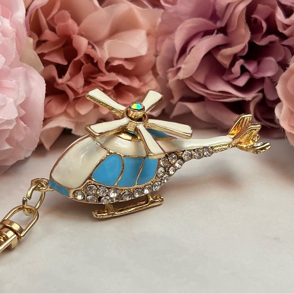 Whimsical Blue and White Crystal Helicopter Keychain Charm - Picture 4 of 16